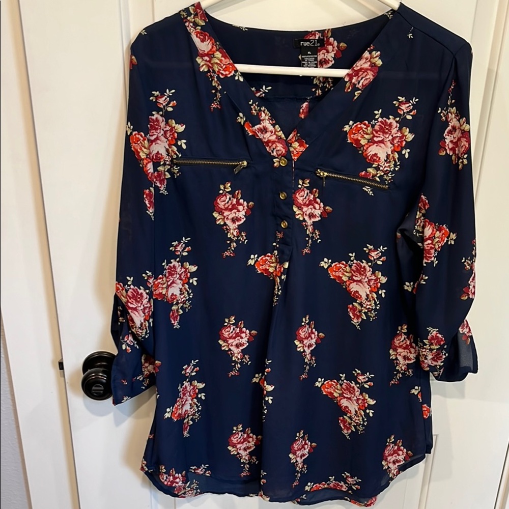 Rue21 Blue Pink 3/4 Sleeve Buttoned Blouse